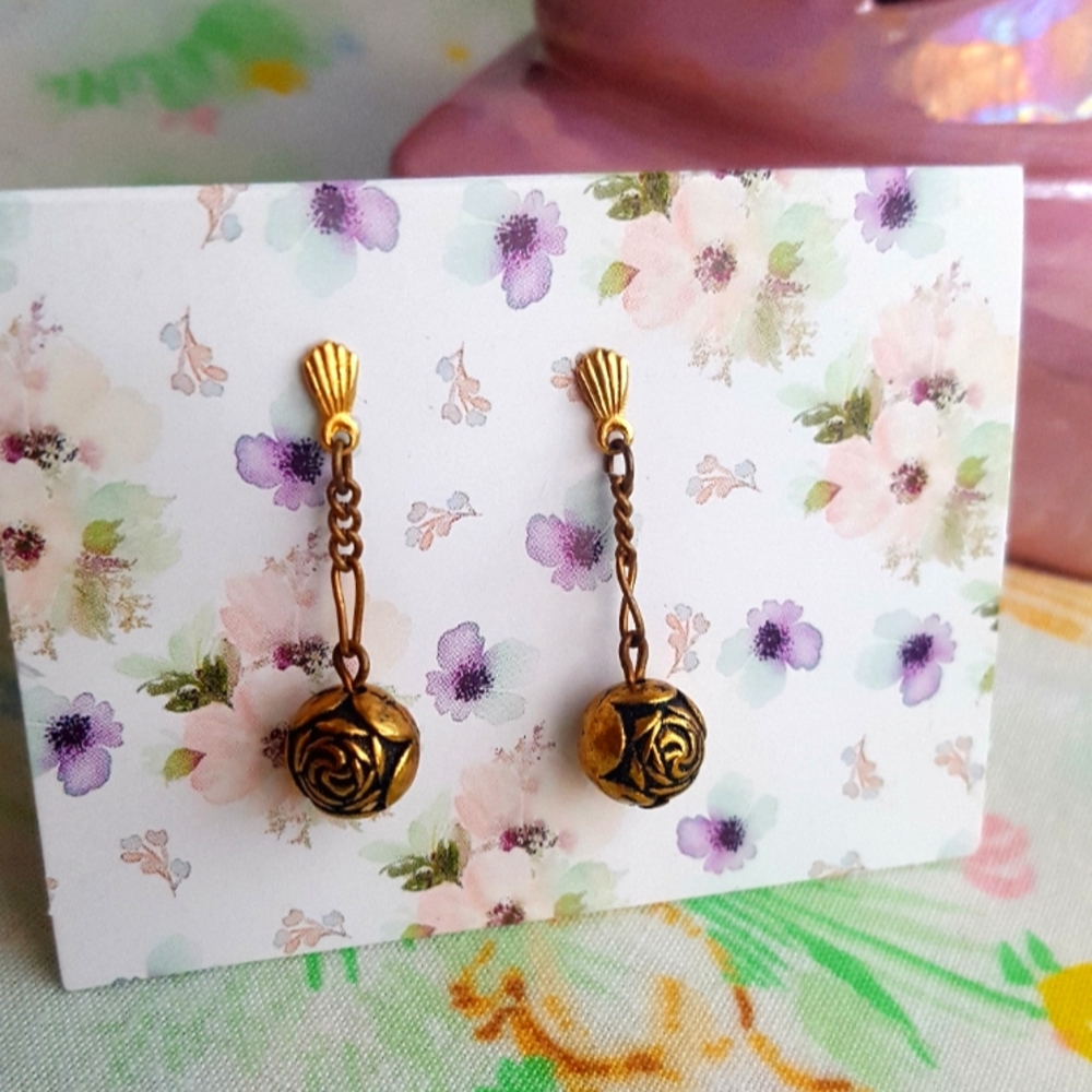 Vintage Puffy Rose Ball Flower Drop Dangle Earrings Mid Century